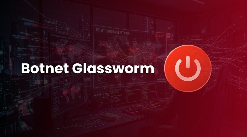Cybersecurity banner: 'Botnet Glassworm' text with a red circular power icon on the right in a dark network operations center/screen wall.