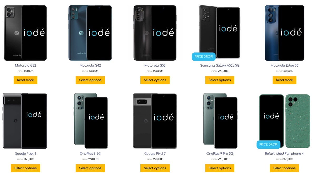Motorola G32 product card showing price from 183€ (phone image with iodé branding)