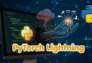 Shattered computer monitor releasing a glowing robotic hand with Python logos and the text 'PyTorch Lightning' branding.