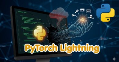 Shattered computer monitor releasing a glowing robotic hand with Python logos and the text 'PyTorch Lightning' branding.
