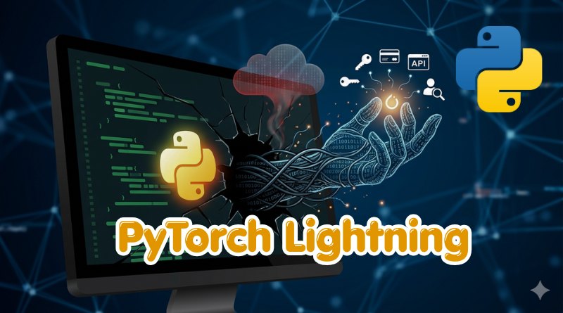 Shattered computer monitor releasing a glowing robotic hand with Python logos and the text 'PyTorch Lightning' branding.