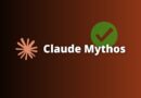Claude Mythos logo: pink starburst symbol, bold white ‘Claude Mythos’ text, and a green checkmark in a circle on a brown gradient background.
