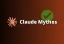 Claude Mythos logo: pink starburst symbol, bold white ‘Claude Mythos’ text, and a green checkmark in a circle on a brown gradient background.