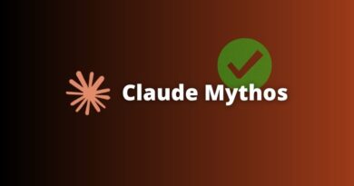 Claude Mythos logo: pink starburst symbol, bold white ‘Claude Mythos’ text, and a green checkmark in a circle on a brown gradient background.