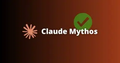 Claude Mythos logo: pink starburst symbol, bold white ‘Claude Mythos’ text, and a green checkmark in a circle on a brown gradient background.