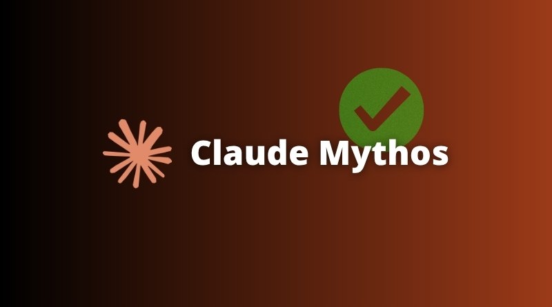 Claude Mythos logo: pink starburst symbol, bold white ‘Claude Mythos’ text, and a green checkmark in a circle on a brown gradient background.