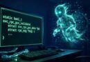 Green code on a monitor with a glowing holographic humanoid AI figure emerging from data streams beside a desk setup.