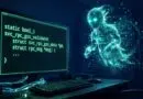 Green code on a monitor with a glowing holographic humanoid AI figure emerging from data streams beside a desk setup.