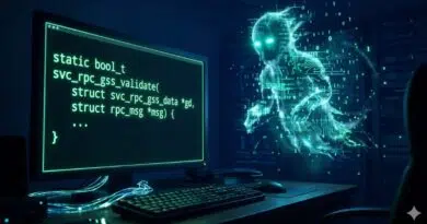 Green code on a monitor with a glowing holographic humanoid AI figure emerging from data streams beside a desk setup.