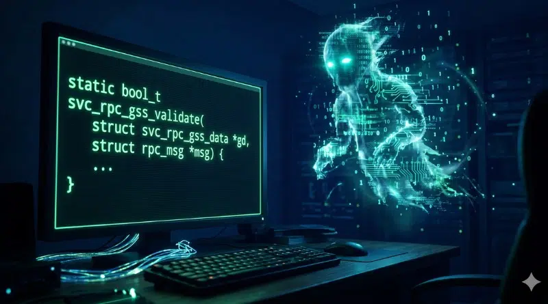 Green code on a monitor with a glowing holographic humanoid AI figure emerging from data streams beside a desk setup.