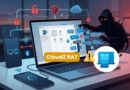Hacker silhouette reaching over a laptop displaying app icons, with a Cloud RAT malware badge and a yellow warning icon on a desk with a smartphone nearby.