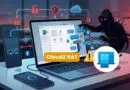 Hacker silhouette reaching over a laptop displaying app icons, with a Cloud RAT malware badge and a yellow warning icon on a desk with a smartphone nearby.