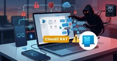 Hacker silhouette reaching over a laptop displaying app icons, with a Cloud RAT malware badge and a yellow warning icon on a desk with a smartphone nearby.