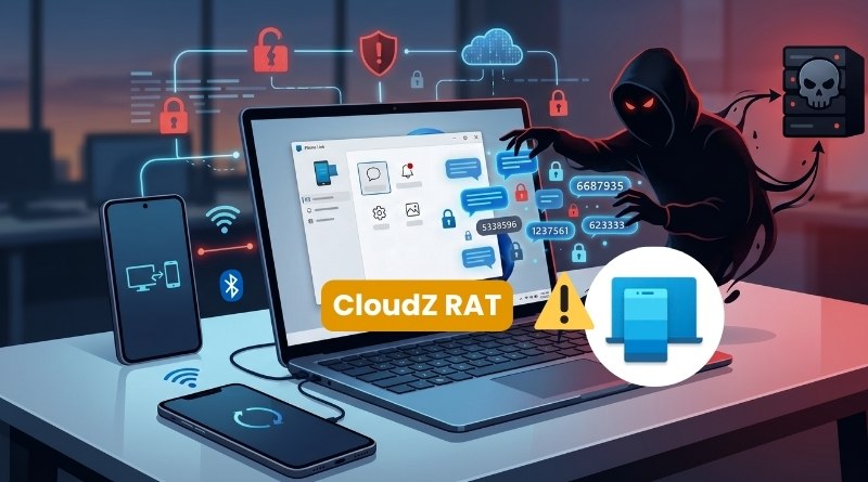Hacker silhouette reaching over a laptop displaying app icons, with a Cloud RAT malware badge and a yellow warning icon on a desk with a smartphone nearby.