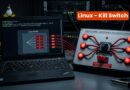 Laptop showing Linux kernel diagram connected to a 'Linux Kernel Emergency Kill Switch' panel with red indicator lights and tangled cables in a data-center setup.