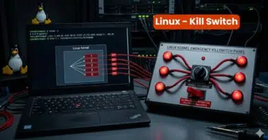 Laptop showing Linux kernel diagram connected to a 'Linux Kernel Emergency Kill Switch' panel with red indicator lights and tangled cables in a data-center setup.