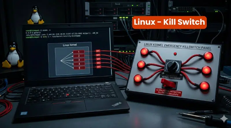 Laptop showing Linux kernel diagram connected to a 'Linux Kernel Emergency Kill Switch' panel with red indicator lights and tangled cables in a data-center setup.
