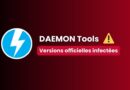 Banner showing the DAEMON Tools logo with a blue circle lightning bolt, a yellow warning triangle, and the French message 'Versions officielles infectées' on a red gradient background.