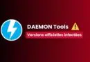 Banner showing the DAEMON Tools logo with a blue circle lightning bolt, a yellow warning triangle, and the French message 'Versions officielles infectées' on a red gradient background.
