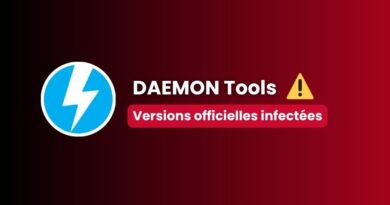 Banner showing the DAEMON Tools logo with a blue circle lightning bolt, a yellow warning triangle, and the French message 'Versions officielles infectées' on a red gradient background.