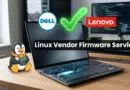 Laptop with an open computer motherboard displaying Linux Vendor Firmware Service; Dell and Lenovo logos with a green checkmark in the background.