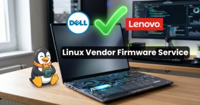 Laptop with an open computer motherboard displaying Linux Vendor Firmware Service; Dell and Lenovo logos with a green checkmark in the background.