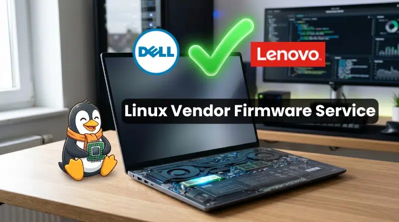 Laptop with an open computer motherboard displaying Linux Vendor Firmware Service; Dell and Lenovo logos with a green checkmark in the background.