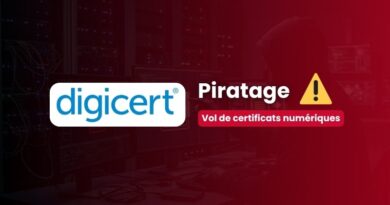 DigiCert logo with the word Piratage, a yellow warning triangle, and caption 'Vol de certificats numériques' in a red-tinted banner.