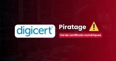 DigiCert logo with the word Piratage, a yellow warning triangle, and caption 'Vol de certificats numériques' in a red-tinted banner.
