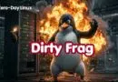 Penguin mascot standing in a blazing data center with servers around, overlaid with 'Zero-Day Linux' and 'Dirty Frag' text
