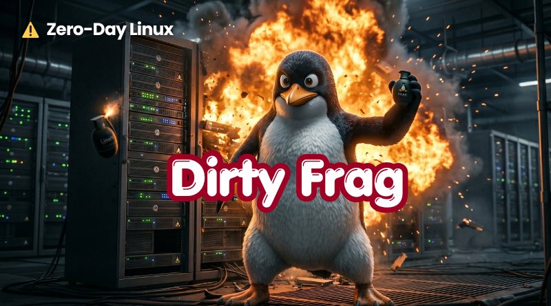 Penguin mascot standing in a blazing data center with servers around, overlaid with 'Zero-Day Linux' and 'Dirty Frag' text