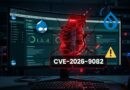 Monitor showing Drupal-themed interface with a red crack bursting through the screen, warning symbol, and the label CVE-2026-9082—illustrating a cyber vulnerability exploit in progress.