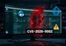 Monitor showing Drupal-themed interface with a red crack bursting through the screen, warning symbol, and the label CVE-2026-9082—illustrating a cyber vulnerability exploit in progress.