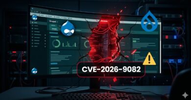 Monitor showing Drupal-themed interface with a red crack bursting through the screen, warning symbol, and the label CVE-2026-9082—illustrating a cyber vulnerability exploit in progress.