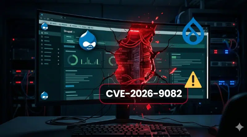 Monitor showing Drupal-themed interface with a red crack bursting through the screen, warning symbol, and the label CVE-2026-9082—illustrating a cyber vulnerability exploit in progress.