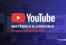 YouTube logo with 'Matériels & Logiciels' and red 'Ce que j’utilise en 2026' text on a blurred office setup