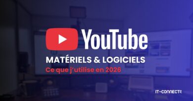 YouTube logo with 'Matériels & Logiciels' and red 'Ce que j’utilise en 2026' text on a blurred office setup
