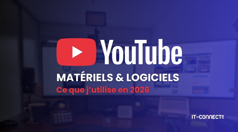 YouTube logo with 'Matériels & Logiciels' and red 'Ce que j’utilise en 2026' text on a blurred office setup