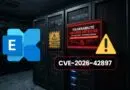 Server room with racks and a red critical vulnerability alert reading CVE-2026-42897, plus a yellow warning triangle and a blue logo overlaying the scene.