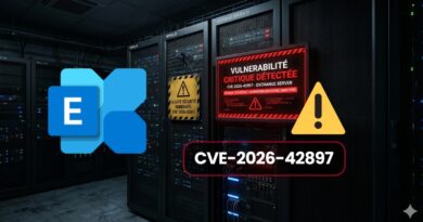 Server room with racks and a red critical vulnerability alert reading CVE-2026-42897, plus a yellow warning triangle and a blue logo overlaying the scene.