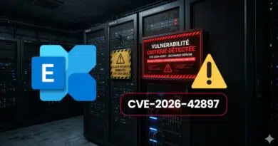 Server room with racks and a red critical vulnerability alert reading CVE-2026-42897, plus a yellow warning triangle and a blue logo overlaying the scene.