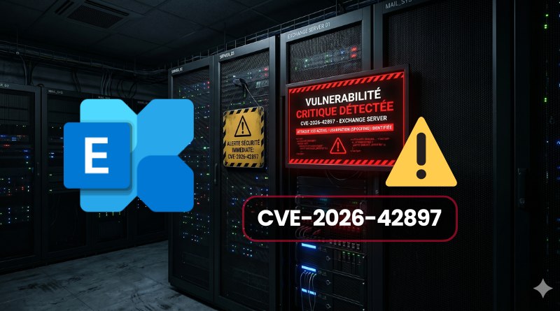 Server room with racks and a red critical vulnerability alert reading CVE-2026-42897, plus a yellow warning triangle and a blue logo overlaying the scene.