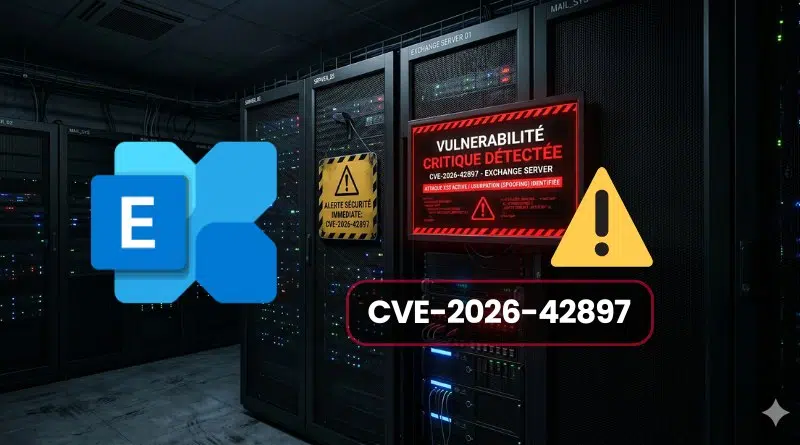Server room with racks and a red critical vulnerability alert reading CVE-2026-42897, plus a yellow warning triangle and a blue logo overlaying the scene.