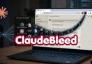 Laptop displaying a cyberattack concept with flowing data and a bold ‘ClaudeBleed’ overlay