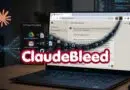 Laptop displaying a cyberattack concept with flowing data and a bold ‘ClaudeBleed’ overlay