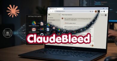 Laptop displaying a cyberattack concept with flowing data and a bold ‘ClaudeBleed’ overlay