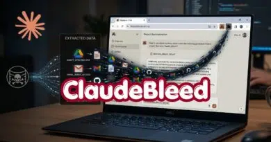 Laptop displaying a cyberattack concept with flowing data and a bold ‘ClaudeBleed’ overlay