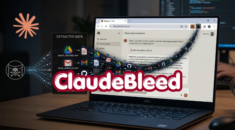 Laptop displaying a cyberattack concept with flowing data and a bold ‘ClaudeBleed’ overlay
