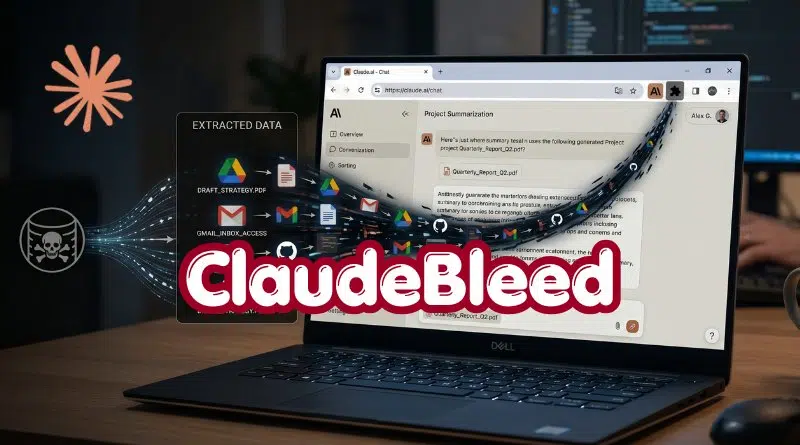 Laptop displaying a cyberattack concept with flowing data and a bold ‘ClaudeBleed’ overlay