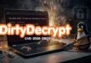 Laptop with sparks and a 'DirtyDecrypt' logo; a penguin holds pliers beside the keyboard, signaling cybersecurity malware theme.